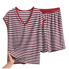 Plus size damesmode gestreepte V-hals losse mouwloze pyjamaset met zakken (top + short) XL-5XL loungewear huispak