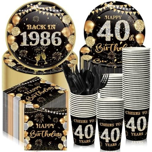 Decorazioni per il 40 compleanno, nero e oro, 240 pezzi, per 30 persone.