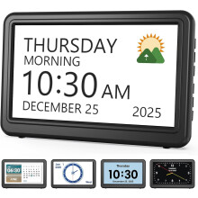 Large 7" Digital Day Clock for Elderly & Dementia Patients – Date/Time, 20 Alarms, Custom Reminders, 12 Modes, Dimmable, Black