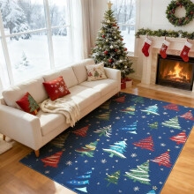 Blue Christmas Tree Area Rug 6x9 ft Non-Slip Washable