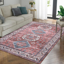 Washable 4x6 Vintage Boho Rug, Non-Slip & Stain-Resistant – Pink, for Bedroom, Living Room, Nursery, Kitchen