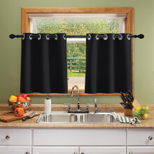 2 Panel Blackout Kitchen Curtain, Grommet 24 inch Short Curtains Bathroom Window Curtain Cafe Curtains, Black