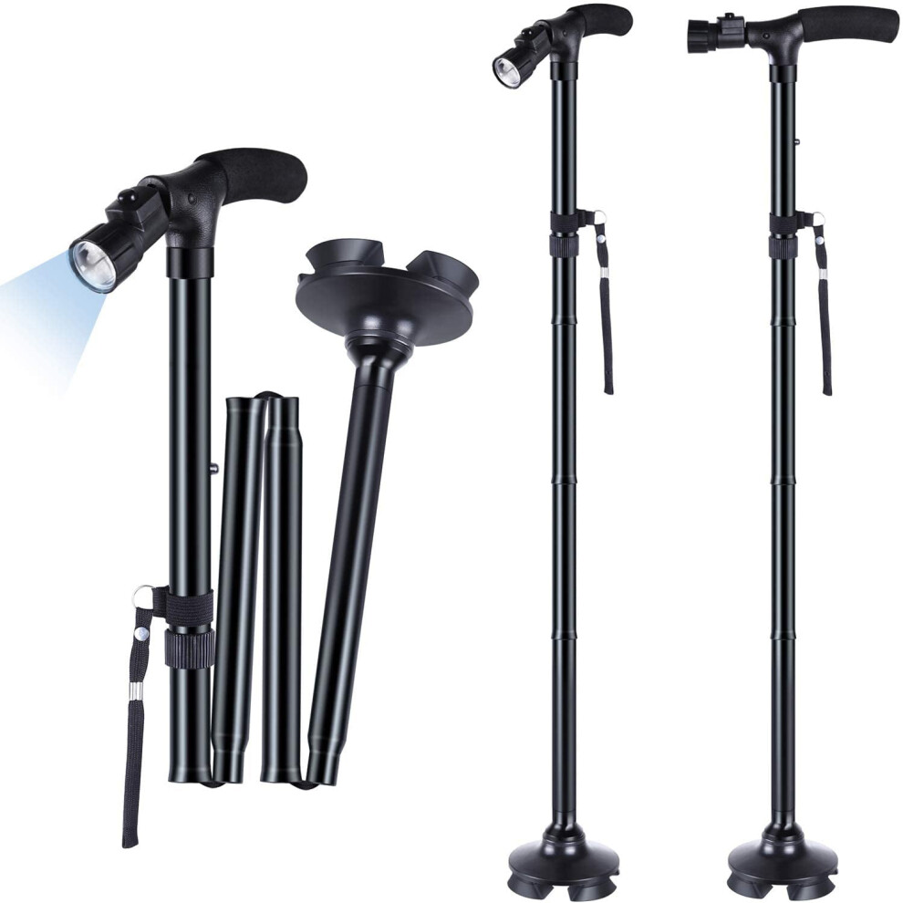 Light Folding Cane With Built-In Led For Elderly With Cushion T Handle And Pivoting Quad Base