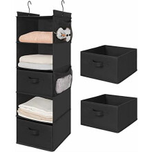 5 Tier Shelf Hanging Closet Organizer, Cloth Hanging Shelf with 2 Sturdy Hooks for Storage, Foldable (Black-D2)