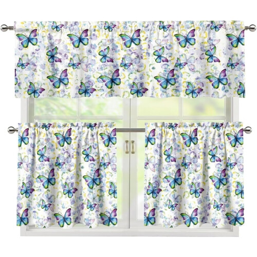 Blue Butterfly Tier Curtains Set with Valance 3-Piece