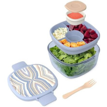 Saladier en verre teinté de 1,7 L avec couvercle, plateau bento, coupelle à sauce et fourchette – Compatible lave-vaisselle et micro-ondes (bleu