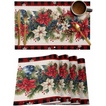 6-Pack Cotton-Linen Placemats – Non-Slip, Washable, Heat-Resistant, Holiday Poinsettia/Blue Berry/Snowflake Design
