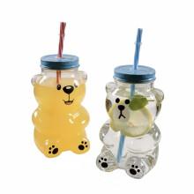 Tazza con Beccuccio A Forma di Orso Kawaii, 19 Once, In Vetro Trasparente con Coperchio e Cannuccia, per Succo, Latte, Tè