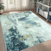 Abstract Area Rug Washable Non-Slip 5x7 ft Teal Grey Gold