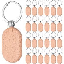 25 PCS Wooden Keychain Blanks, Wood Engraving Blanks Key Chain, Unfinished Ellipse Wood Key Tag