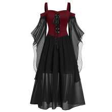 Vestido medieval gótico de bruxa Jerdar para mulheres – Vestido maxi vintage renascentista plus size para cosplay, manga comprida, preto/vinho,