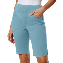 Dames shorts van effen stretchkeperstof met smalle taille, gemakkelijk aan te trekken, normale wandelshorts, bermuda's, zomerse casual shorts met