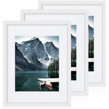 11x14 Picture Frames Set of 3, Glass + White Wood, Fits 8x10 w/ Mat or 11x14 Poster w/o Mat, Wall Collage Frame