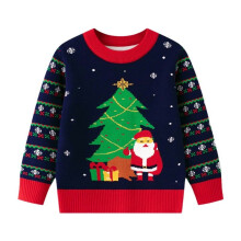 Boys and Girls Christmas Knit Sweater Holiday Cute Print Round Neck Cozy Warm Pullover Fall Winter Tops for Children 4-12 Years(Blue,5 Years)