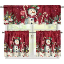 Red Snowman Kitchen Curtains Set 3-Piece Rod Pocket