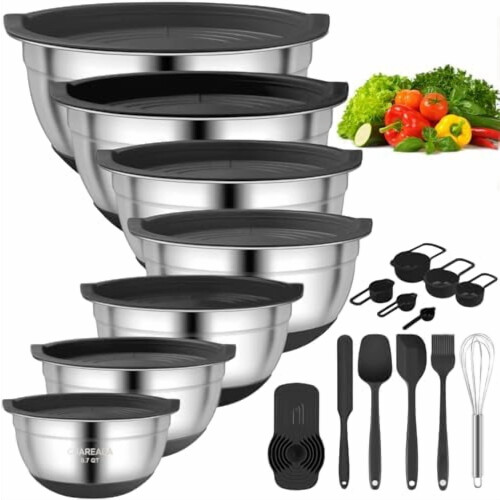 Rostfria skålar med lock, set, 7 delar