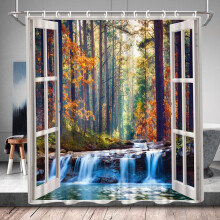 Forest Waterfall Shower Curtain Autumn Jungle Design