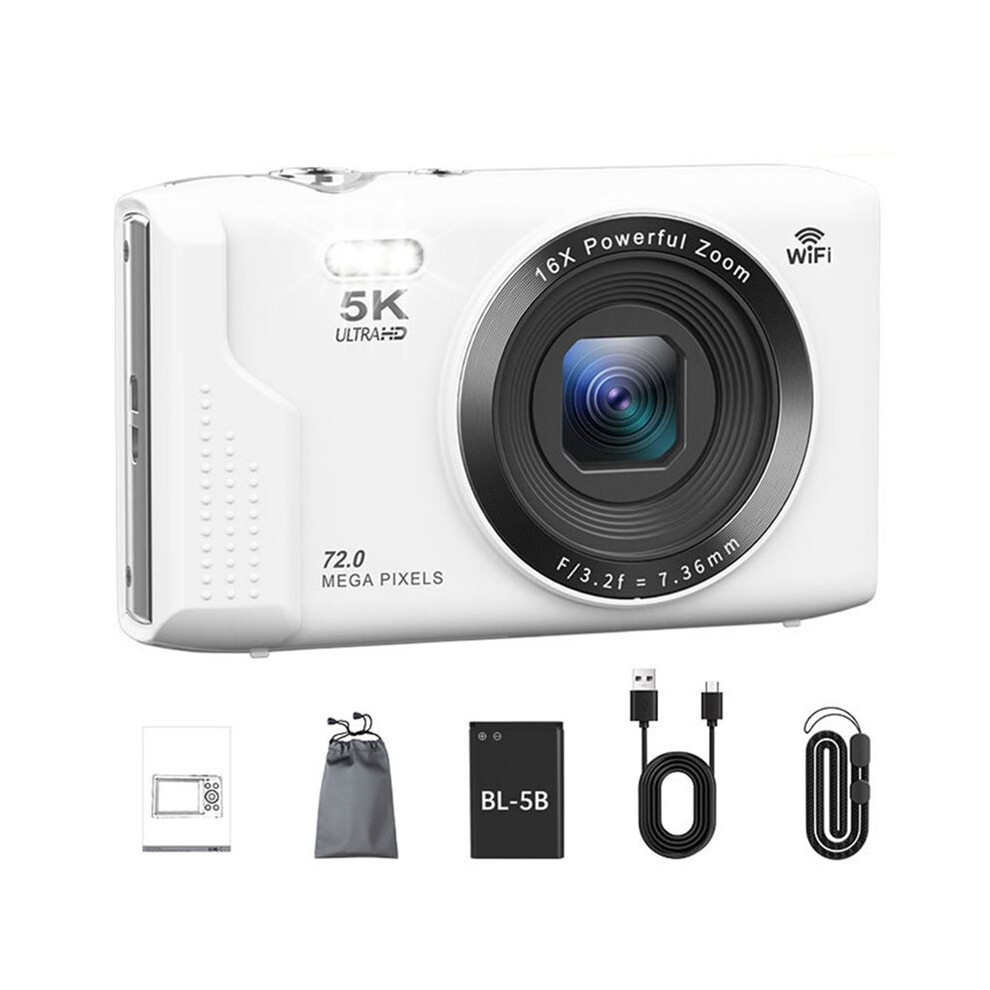 Digital Camera 5K 72-Megapixel 2.8" Screen 16X Zoom Vlogging Camera Vintage Vlog Video Recorder For Teens Adult White 4713038476889