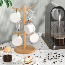 Coffee Mug Tree Bamboo Mug Holder Coffee Cup Stand Mug Holders for Countertop Coffee Mug Rack Organizer Stand with 6 Hooks