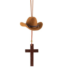 Cowboy Hat Car Charm, Wooden Car Rear View Mirror Hanging, Hat Country Pendant Hanger for Car,Decor B