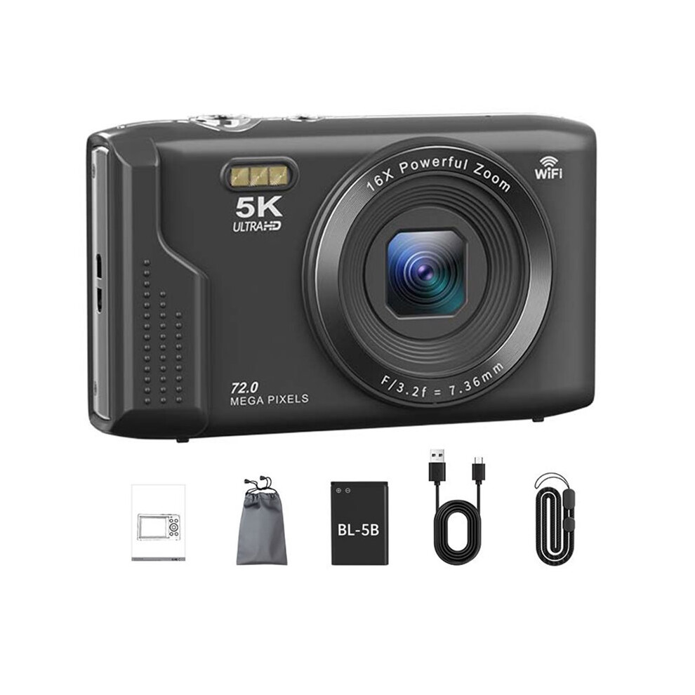 Digital Camera 5K 72-Megapixel 2.8" Screen 16X Zoom Vlogging Camera Vintage Vlog Video Recorder For Teens Adult Black 4711052541767