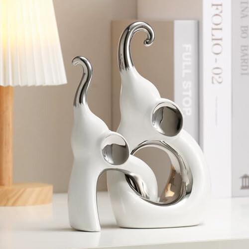 Set de 2 statui ceramice cu elefant – alb și argintiu
