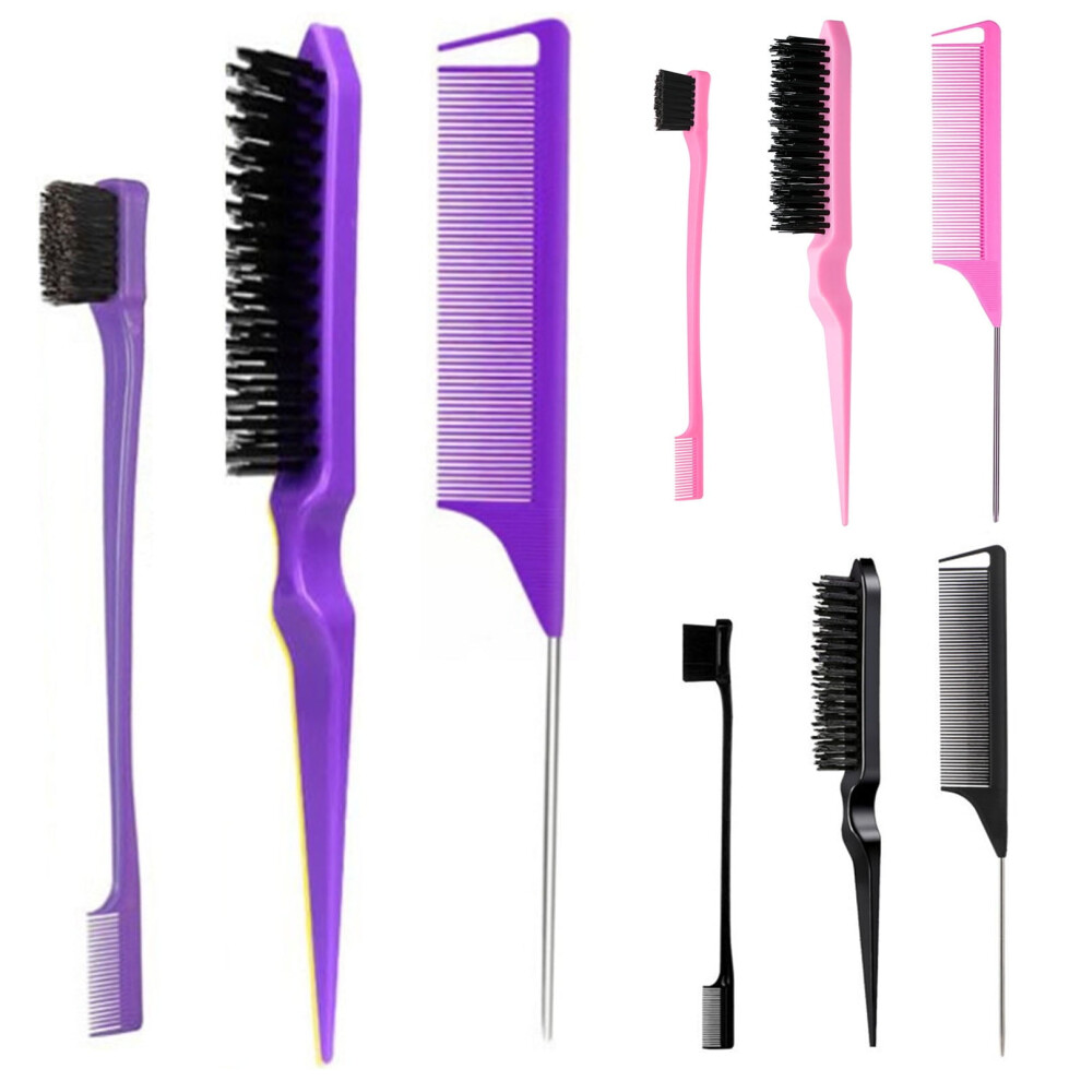 Unisex 3Pcs Hair Styling Comb Kit: Double-Sided Edge Control, Teasing & Rat Tail Brush For Braiding, Slicking, Back Combing