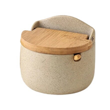Ceramic Seasoning Jar Bamboo Lid Spice Jar with Spoon Kitchen Sugar Salt Spices Storage Box Household Container