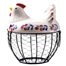 Farmhouse Hen-Shaped Ceramic Egg Basket -Ceramic Egg Holder with Lid,Rustic Kitchen Organizer for Fruits/Veggies