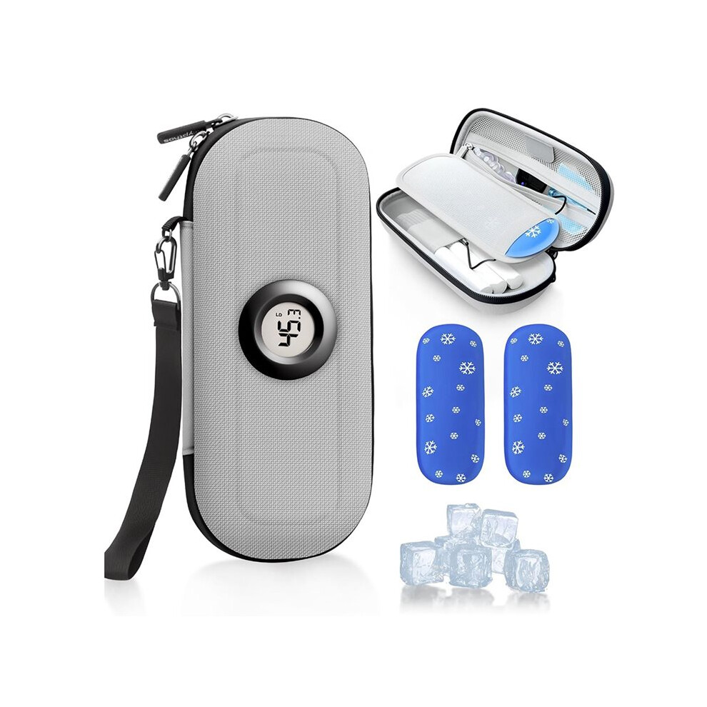 Melitt Gray Insulin Cooler Diabetes Travel Case With Thermometer Temperature Display, Refrigerated Medication Travel Bag