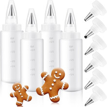 4 Stück Kunststoff-Quetschflaschen mit 6 Verschiedenen Spritztüllen für Keks- und Pfannkuchenverzierung (120 Ml)