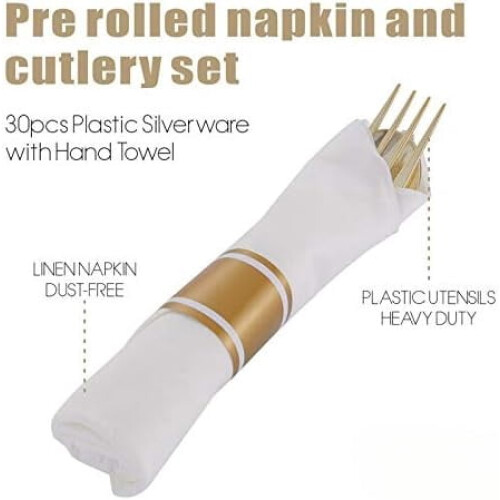 30-Piece Pre-Rolled Gold Plastic Cutlery Set 2