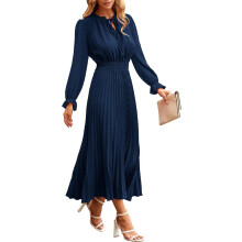 Robe midi automne 2023 pour femme, style décontracté, manches longues, col en V, pois suisses, plissée, coupe trapèze.