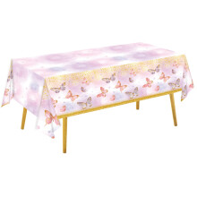 Disposable Tablecloth, Butterfly Printing Golden Trim Spring Theme Waterproof Table Linen
