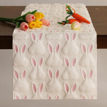 Witte tafelloper van imitatiebont met konijnenjacquarddesign voor de lente, geschikt voor huis- en feestdecoratie, 33 x 183 cm – past bij