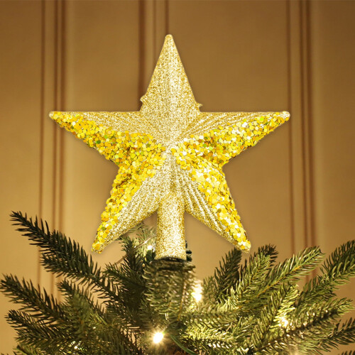 Christmas Tree Topper Star, Small Gold Red Sequins Design, Five-Pointed Tree Top Accessory Decor