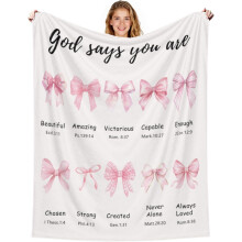 Pink Christian Blanket with Bow – Inspirational Scripture, Baptism & Birthday Gift for Women, Mom, Sister – 50"x60" Home Decor