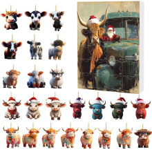 Calendrier de l'Avent 2025, vaches des Highlands, décorations de sapin de Noël en bois, thème western – Compatible avec sapin de Noël