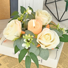 Rózsás gyertyatartó koszorú, 26 cm-es műoszlopos gyertyatartó, bohém zöld gyertyagyűrű otthonra, esküvőre és hálaadásra – sárga