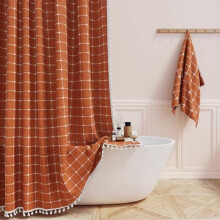 Extra lange 72x96 inch boho linnen douchegordijnset met haken – Verbrand oranje, geschikt voor standaard gordijnroeden