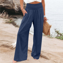 QLEICOM Women's Wrinkle-Free Relaxed Fit Straight Leg Pants, Elastic High Waist Wide Leg Trousers – Comfortable Beach Pants