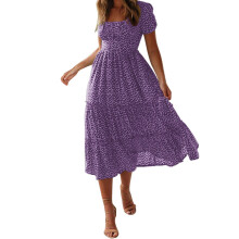 Paarse boho midi-jurk voor dames, casual polyester jurk met bloemenprint en mouwen – geschikt voor de zomerstijl van 2024