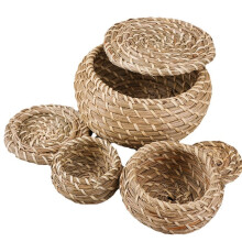 Wicker Seagrass Shelf Baskets with Lid, Handwoven Seagrass Basket Storage Bins Rectangular Household Basket Boxes for Shelf Wardrobe Home Organizer