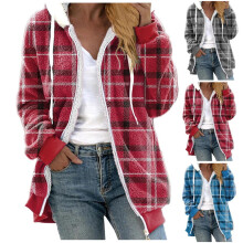 Winterjassen voor dames, warme winterjas voor dames, losse blousejas met open voorkant en print, vest met capuchon van imitatiebont en zakken, rood L