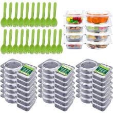 Lot de 100 boîtes à condiments à double compartiment, réutilisables et étanches, avec couvercles et cuillères, compatibles micro-ondes et