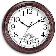 14" Outdoor Wall Clock with Thermometer, Silent Battery Operated, Vintage Retro Non-Ticking Clock for Living Room, Patio, Kitchen, Office, Bathroom,