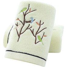 Lot de 2 serviettes de toilette brodées motif arbre et oiseaux, 100 % coton, absorbantes et douces, décoratives pour la salle de bain (jaune clair)