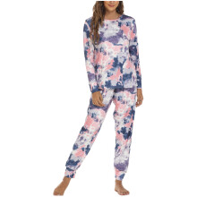 Damespyjamaset, casual, met lange top en lange broek, huispak, 2-delige pyjamaset, blauw, maat L