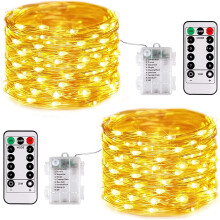 2 lampki choinkowe na baterie, 5 m, 50 diod LED, srebrny przewód, 8 trybów + pilot i timer, ciepła biel – pasujące do sypialni, dekoracji