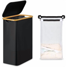 Slim Laundry Basket with Lid, Bamboo Handles & Removable Bag